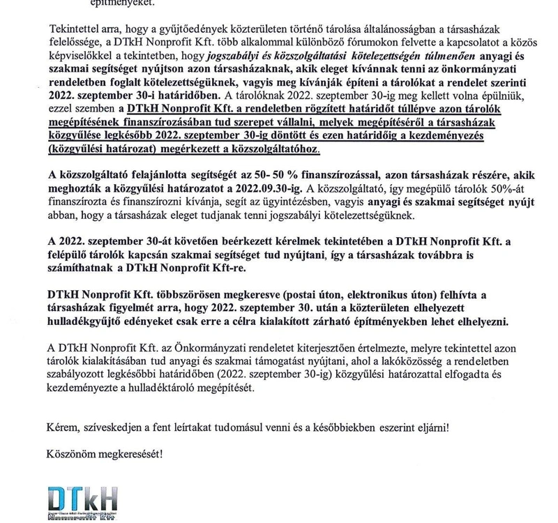 A DTkH levele az egyik közös képviselőnek