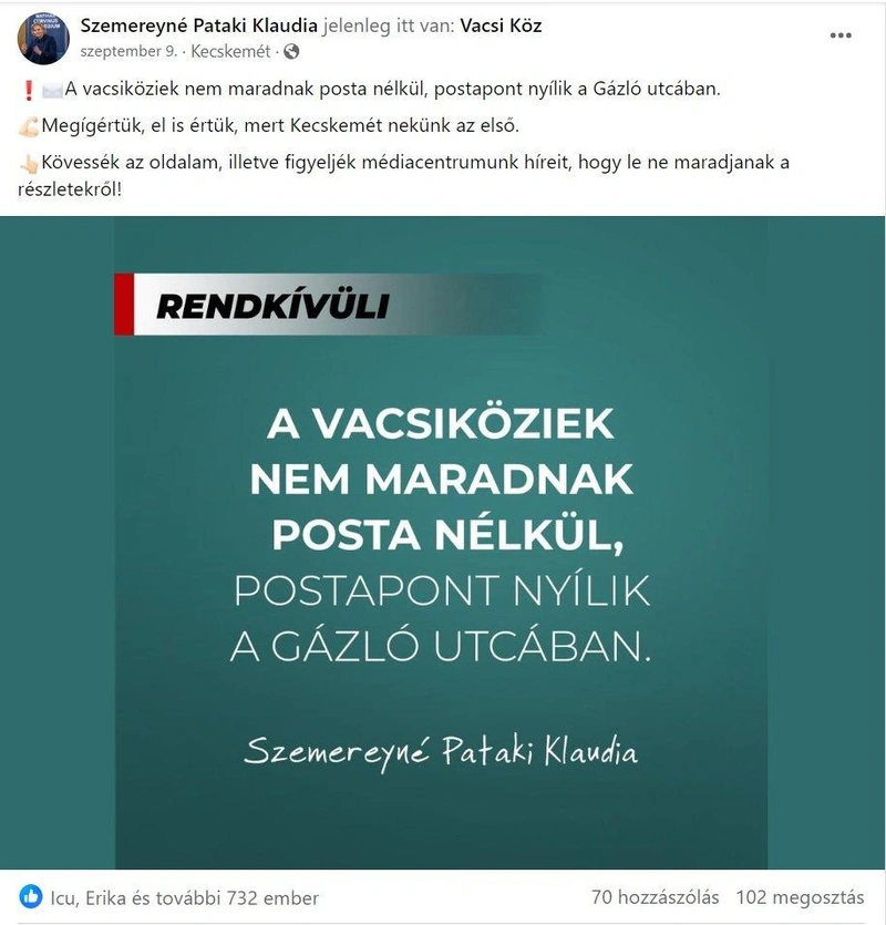 Forrás: Szemereyné Pataki Klaudia polgármester Facebook-oldala