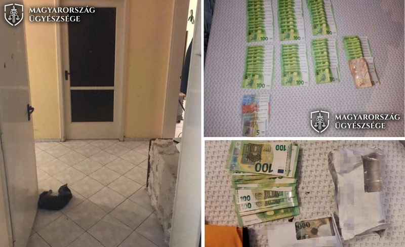 A németországi bordélyokban tartott kutatás során lefoglalt készpénz és a bordélyként üzemelő egyik kecskeméti lakás / fotó: rendőrség