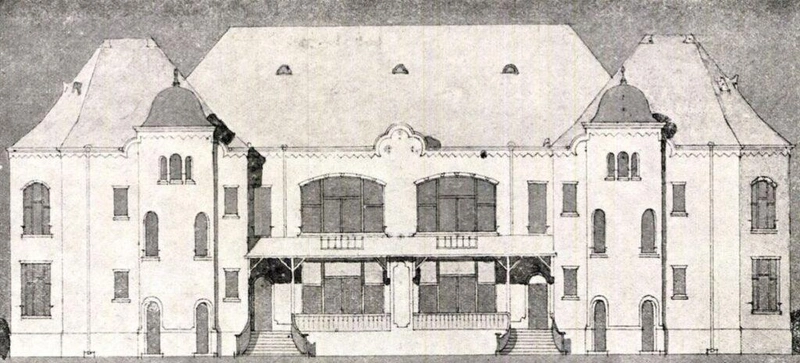 Lechner Ödön és Sebestyén Artúr: Terv a „kecskeméti elmekórház” pályázatához / forrás: Magyar Építőművészet 1908/9.: kórházi épület, homlokzat