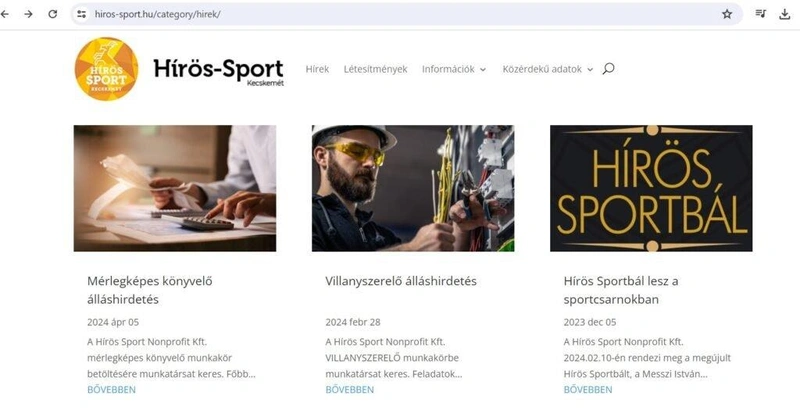 Képernyőfotó a Hírös Sport Kft. weboldaláról, 2024. május 31