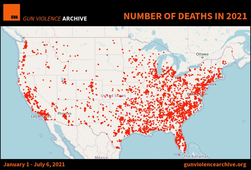 Halálos kimenetelű lövöldözések az USA-ban 2021-ben/ Fotó: gunviolencearchive.org