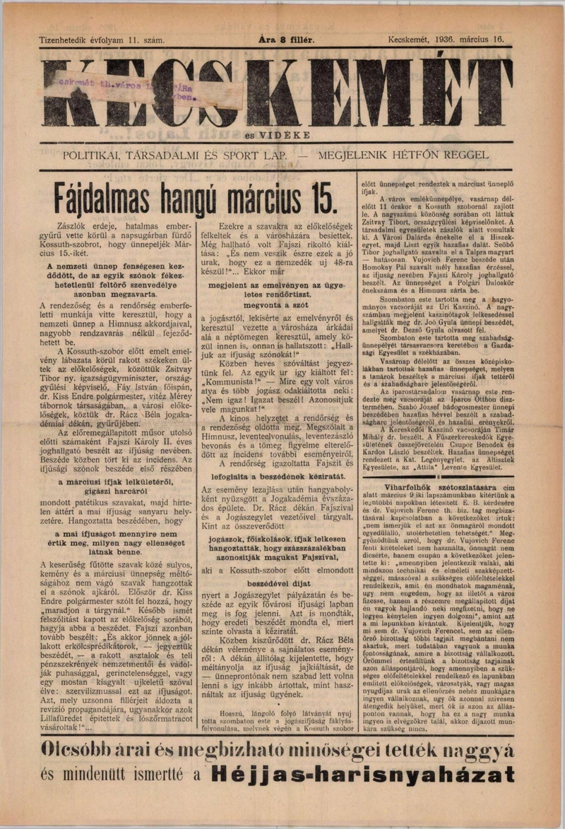 Az Arcanum adatbázisából, Kecskemét és Vidéke, 1936. március 16.