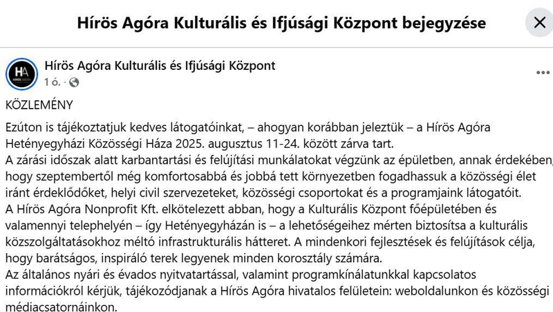 Forrás: Hírös Agóra Kulturális és Ifjúsági Központ Facebook oldala