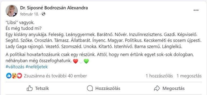 Képernyőfotó, Siposné Bodrozsán Alexandra Facebook-oldala