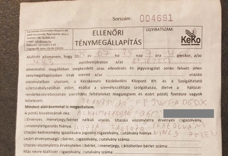 Az ellenőrzésről készült jegyzőkönyv (a szürke sávval mi takartuk ki a személyi igazolvány számot) / olvasói fotó