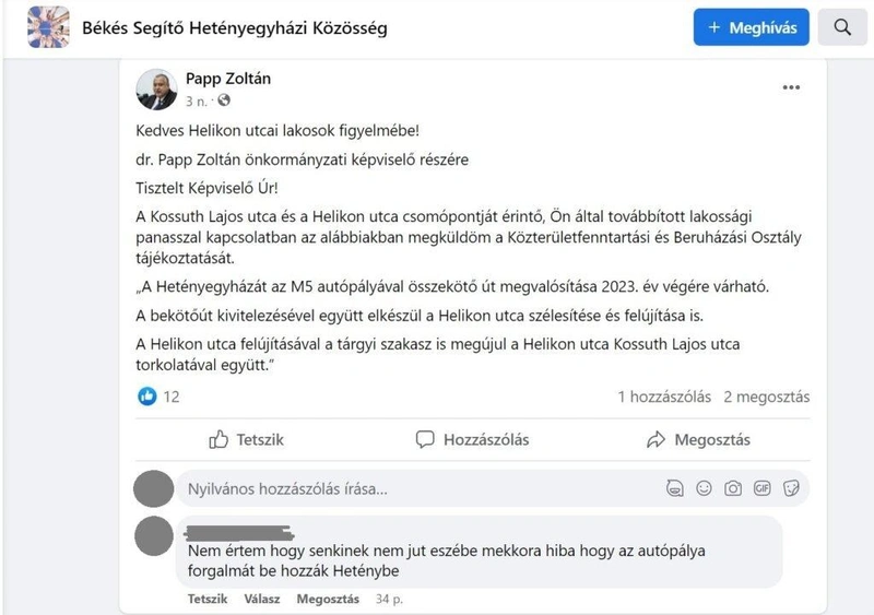 Papp Zoltán képviselő bejegyzése / Forrás: Facebook, Békés Segítő Hetényegyházi Közösség
