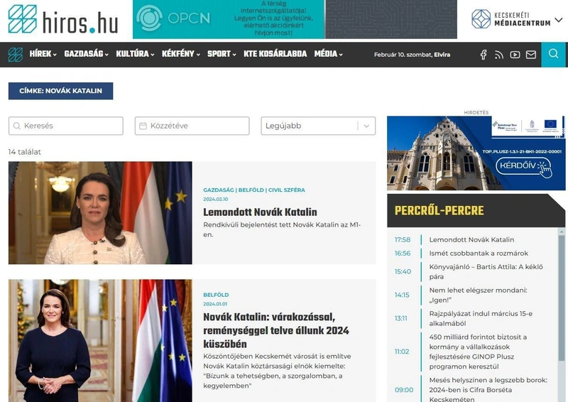 Képernyőkép a hiros.hu oldalán Novák Katalin címkével jelzett hírekről. Szilveszter óta nem történt semmi.