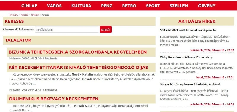 Novák Katalin nem bír hírértékkel a hirosveny.hu oldalán.