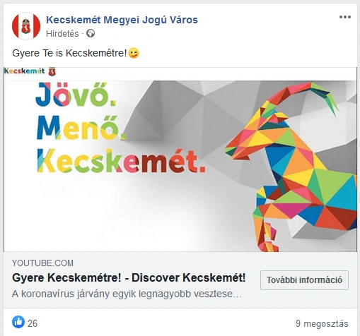 Kecskeméti önkormányzati turisztikai hirdetés a Facebookon