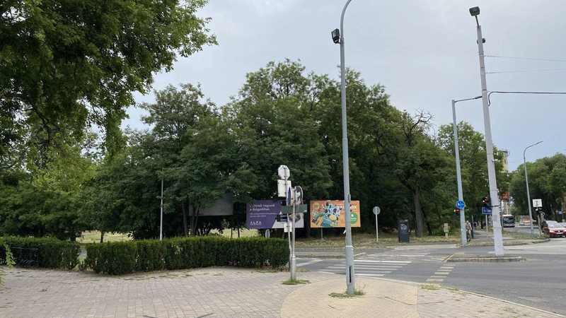 A volt KTE-pálya fái a Kodály Zoltán tér – Kuruc körút kereszteződésében – 2025. július / Fotó: KecsUP Hírek