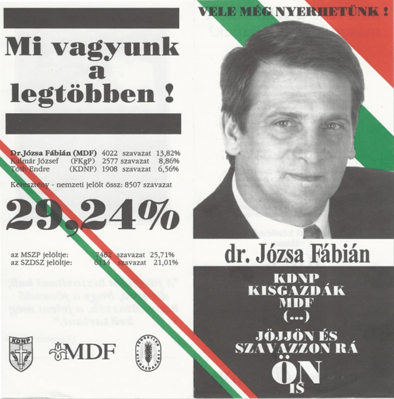 Dr. Józsa Fábián az MDF kecskeméti jelöltjének 1990-es választási plakátja