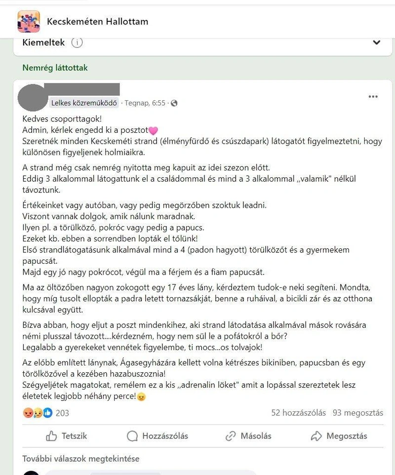 Képernyőfotó – Kecskeméten hallottam Facebook-csoport