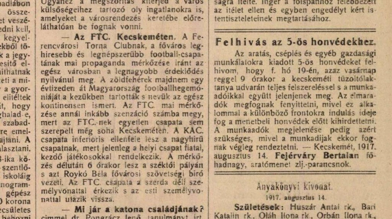 Kecskeméti Lapok, 1917. augusztus 15. / Forrás: Arcanum