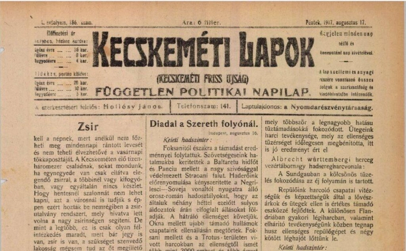Kecskeméti Lapok, 1917. augusztus 17. / Forrás: Arcanum