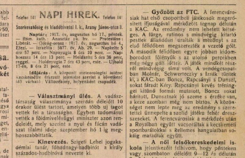 Kecskeméti Lapok, 1917. augusztus 17. / Forrás: Arcanum