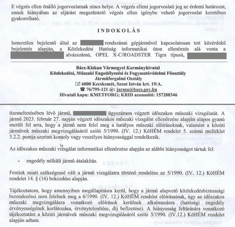 Az olvasónk által kapott levél (az adatokat kitakartuk)