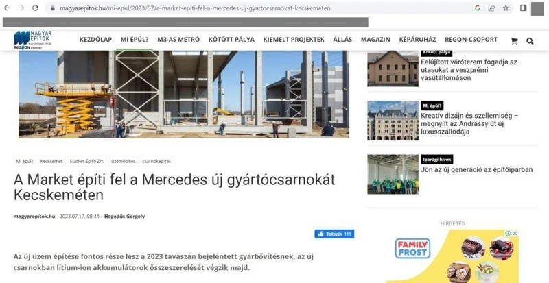 A Mercedes-gyár közölte szerkesztőségünkkel, hogy a magyarepitok.hu már eltávolított cikke tőlük függetlenül született / Képernyőmentés