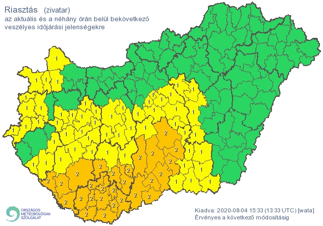 Meteorológiai riasztási térkép 2020. augusztus 4-én. (Forrás: Met.hu)