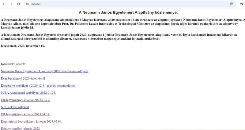 A Neumann János Egyetemért Alapítvány honlapja / képernyőfotó