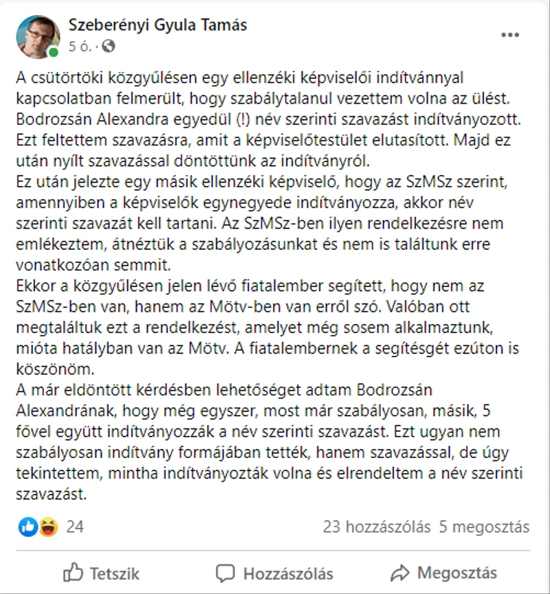 Szeberényi Gyula Tamás posztja saját facebook oldalán, 2020. szeptember 19.