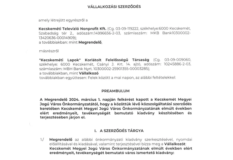 Részlet a vállalkozási szerződésből, amely teljes egészében megismerhető a kimittud.hu adatbázisában a következő címmel: „A képes önkormányzati hírlevél kiadvánnyal kapcsolatos iratok”