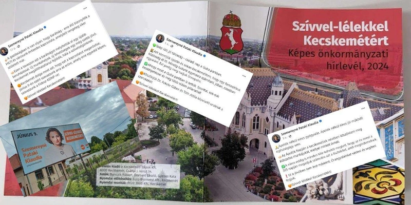 A Szövetség beadványához mellékelt bizonyítékok: maga a kiadvány, Facebook bejegyzések a polgármester oldaláról, és óriásplakát. Mindenhol ugyanaz a szlogen / KecsUP-montázs