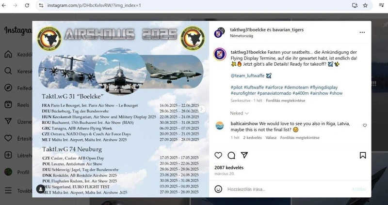 Képernyőfotó a Taktisches Luftwaffengeschwader 31 Instagram oldaláról