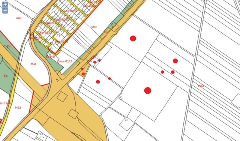A Kecsup által piros ponttal jelzett földrészletek lettek beruházási célterületté nyilvánítva (térkép forrása: Lakossági TRT KMJV, terkep.kecskemet.hu