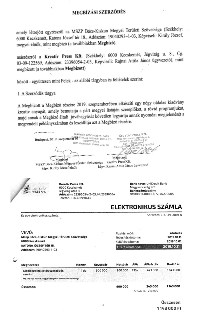 Montázs a szerződés részleteiből és a számla