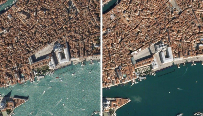A Szent Márk tér Velencében, 2020. március 18-án, jobb oldalon, összehasonlítva a bal oldali 2019-es képpel | Planet Labs