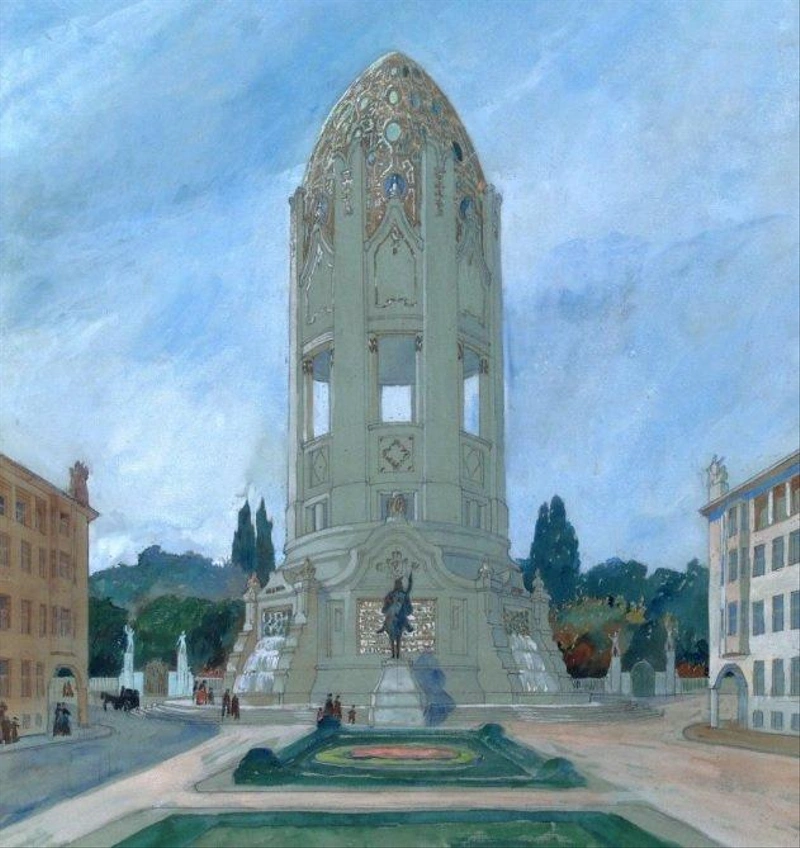 Lechner Ödön: a kecskeméti víztorony és a Rákóczi-emlékmű első változatának látványterve 1911-ből / forrás: Katona József Múzeum honlapja