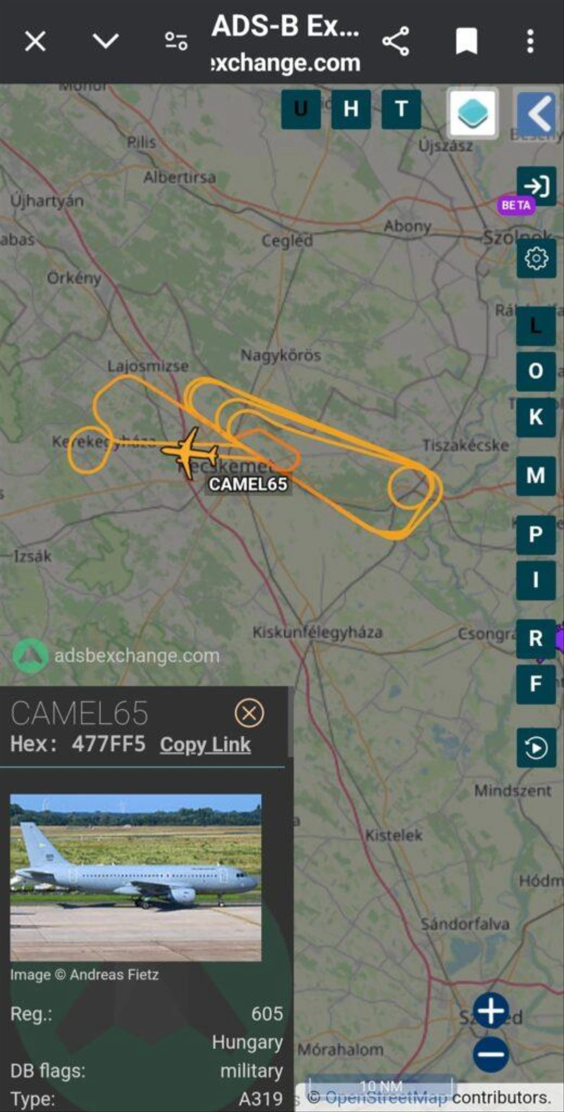 Forrás: ADS-B Exchange repülőgép-követő, képernyőfotó