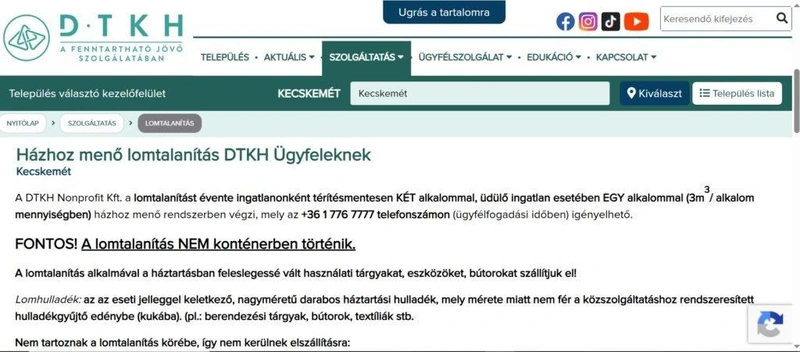 Képernyőfotó a DTKH honlapjáról – eszerint térítésmentes a lomtalanítás, bár konténert nem adnak