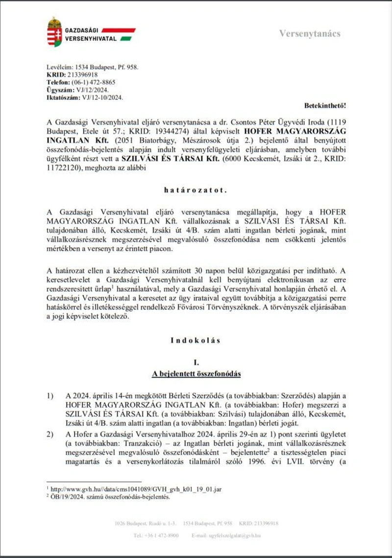 A Gazdasági Versenyhivatal határozata / képernyőfotó a GVH honlapjáról