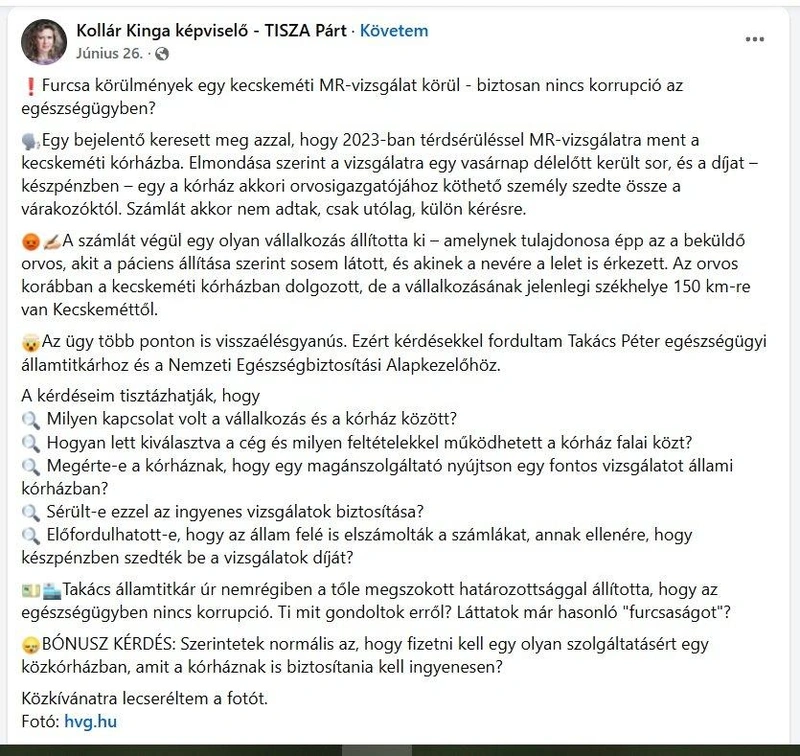 Kollár Kinga Facebook-posztja