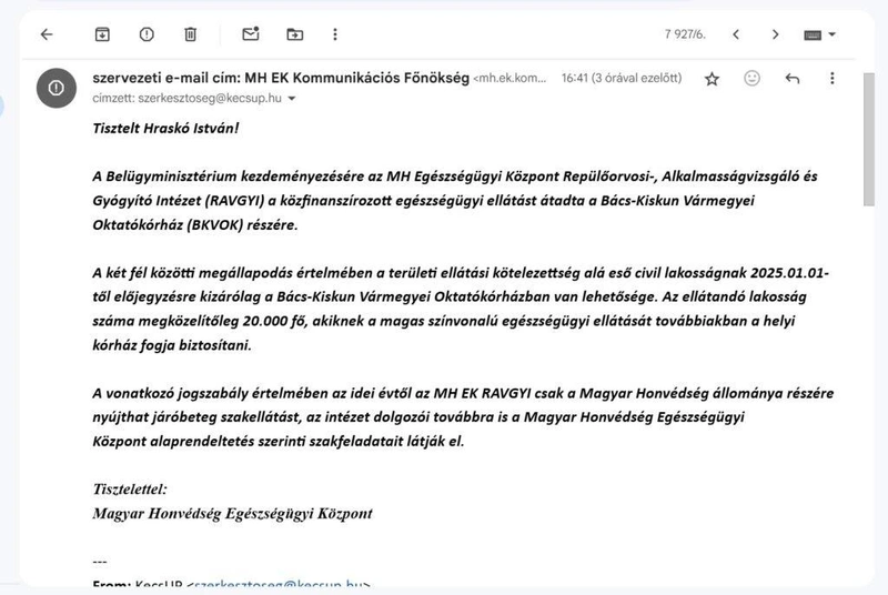 Képernyőfotó a Magyar Honvédség Egészségügyi Központ leveléről