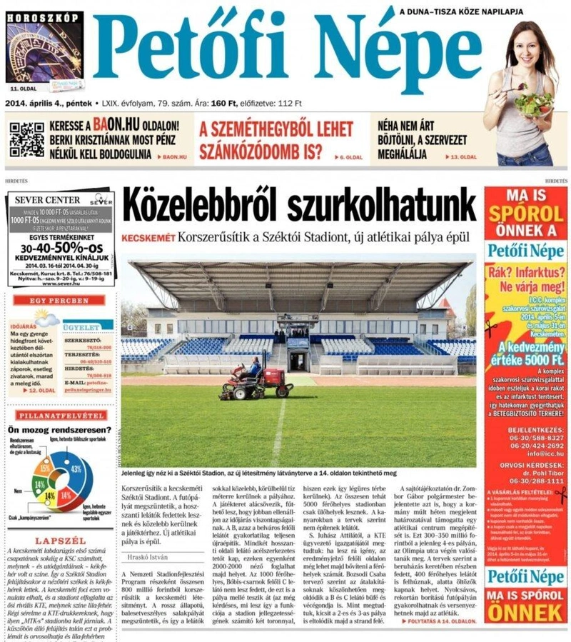 A Petőfi Népe 2014. április 4-ei számának címlapja a stadion bejelentett átépítéséről