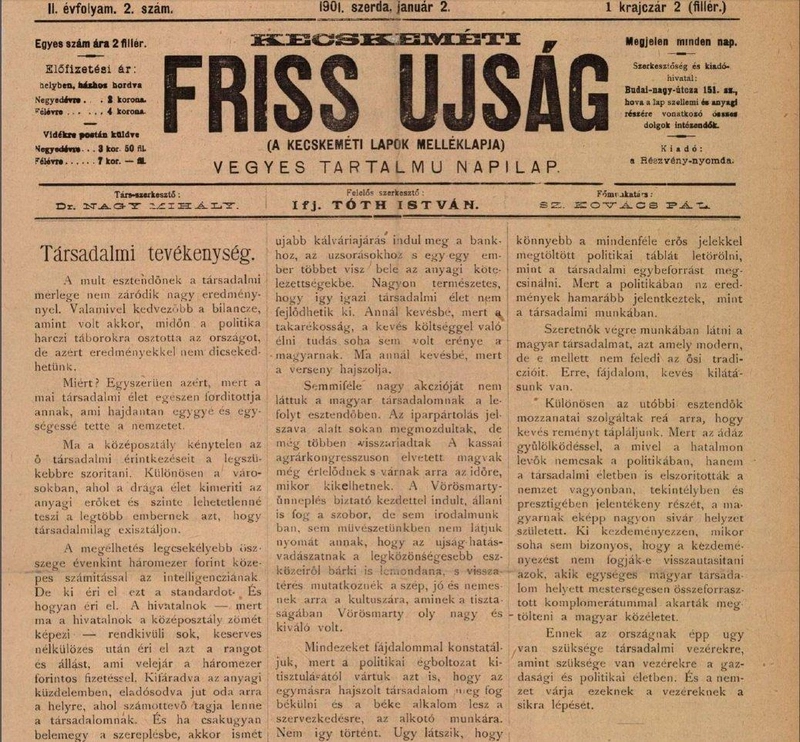 Kecskeméti Friss Újság, 1901. január 2 – címoldal / Arcanum Digitális Tudománytár