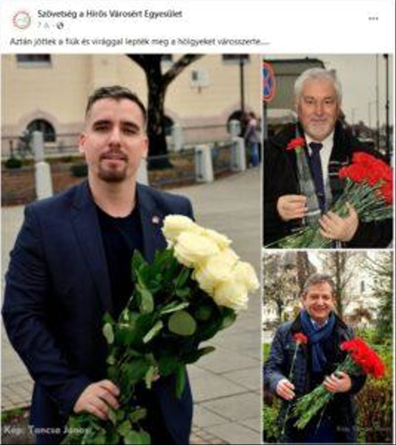 A Szövetség a Hírös Városért Egyesület politikusai (balra Gyuris Dávid, jobbra fent Tancsa János, jobbra lent Király József (MSZP)) virágot tartanak a kezükben. Forrás: Facebook.