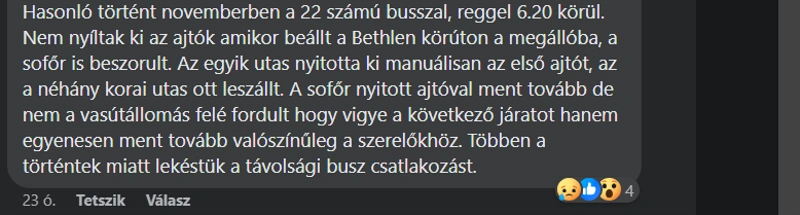 Hozzászólás a „Nem nyíltak ki az ajtók: megtréfálta a technika a 4-es busz utasait” cikk Facebook posztja alatt