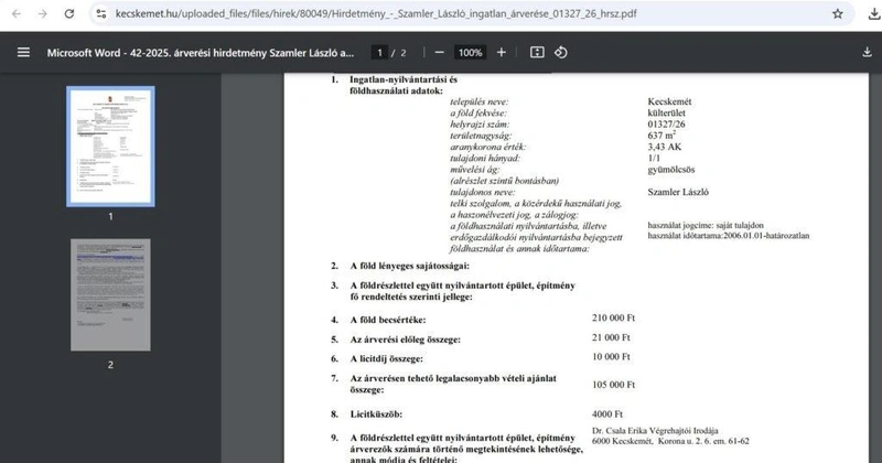 Részlet az árverési hirdetményből / forrás: kecskemet.hu