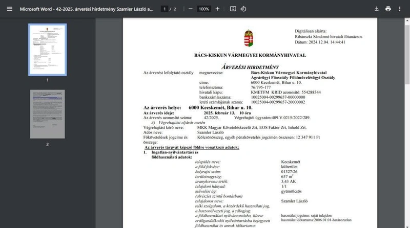 Részlet az árverési hirdetményből / forrás: kecskemet.hu