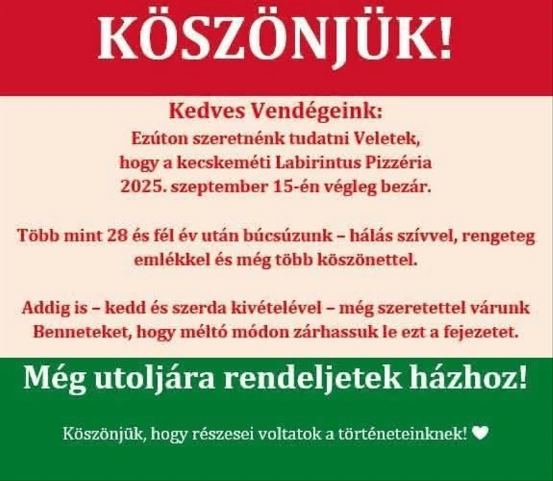 Forrás: Labirintus Pizzéria facebook
