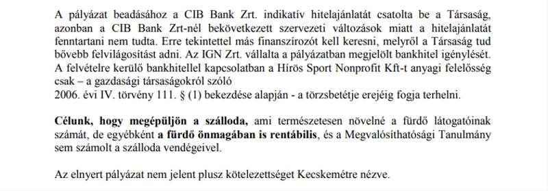 Képkivágás „A Kecskeméti Fürdő Beruházását és Működését Vizsgáló Bizottság jelentésetevékenységéről” című közgyűlési előterjesztésből – 2014. február 12.