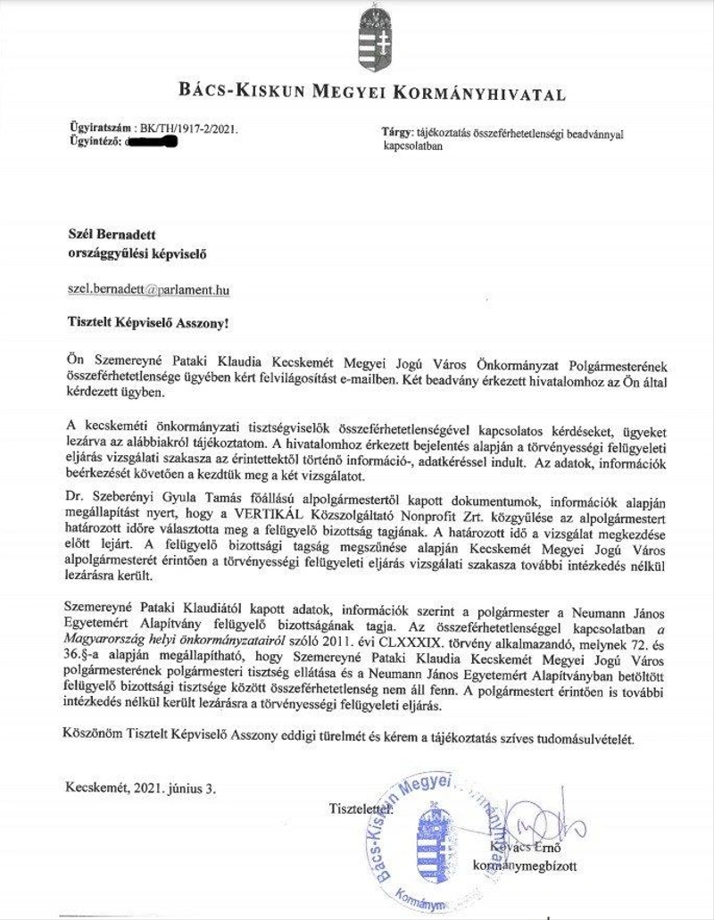 A Szél Bernadettnek küldött kormányhivatali levél