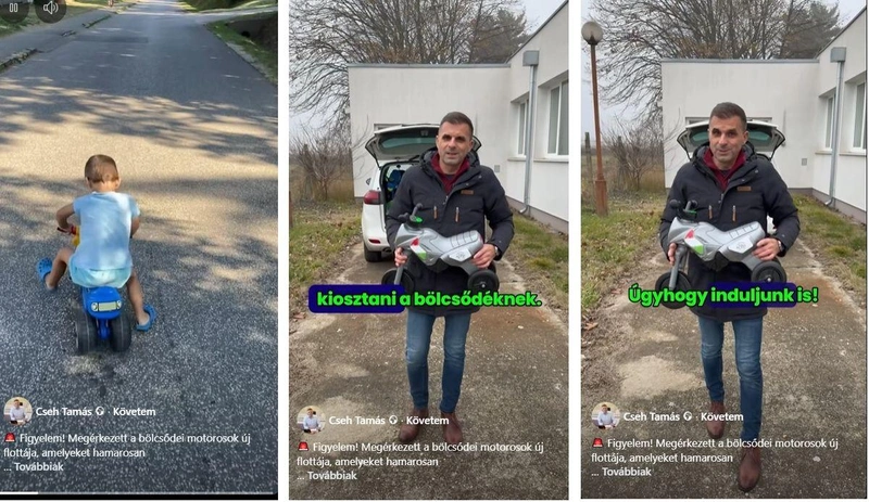 Cseh Tamás is nagy örömmel viszi ki a kismotorokat a bölcsiknek / forrás: Cseh Tamás hivatalos Facebook-oldala