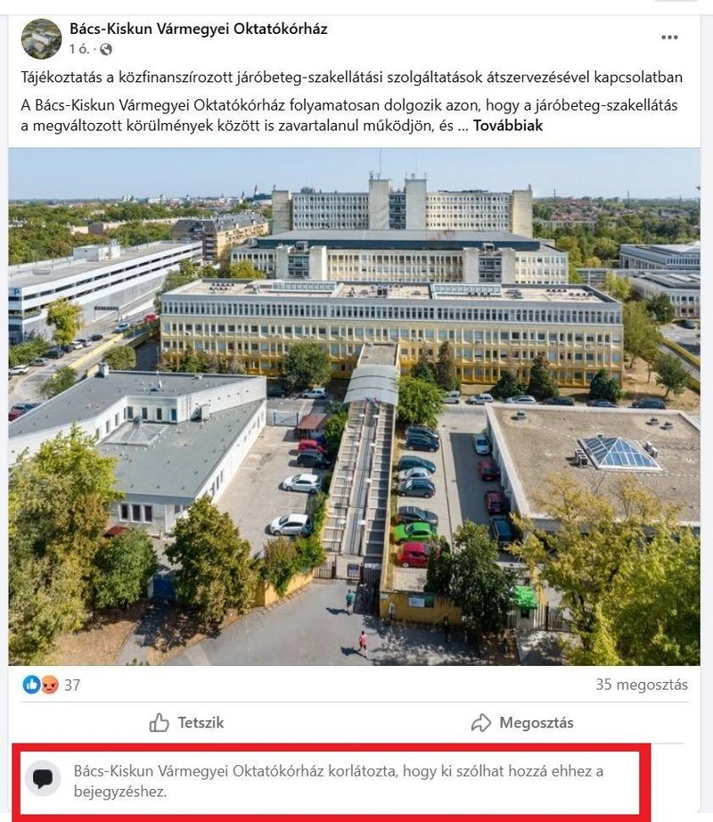 Nem lehet kommentelni / képernyőfotó: Bács-Kiskun Vármegyei Oktatókórház Facebook-oldala