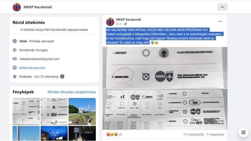 Képernyőfotó a Magyar Kétfarkú Kutya Párt kecskeméti szervezetének Facebook-posztjáról