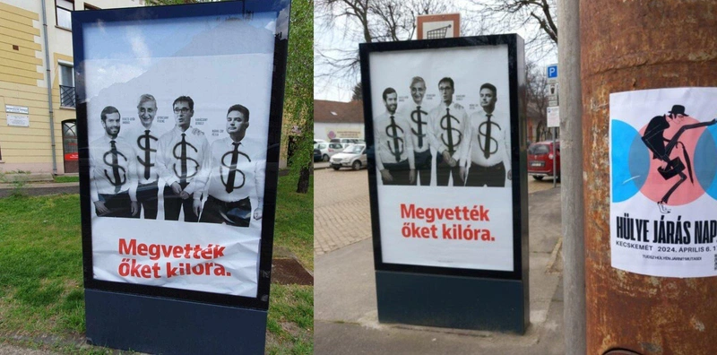 Politikai hirdetések Kecskemét belvárosi digitális hirdetőtábláin 2024 áprilisában / Montázs: kecsup.hu